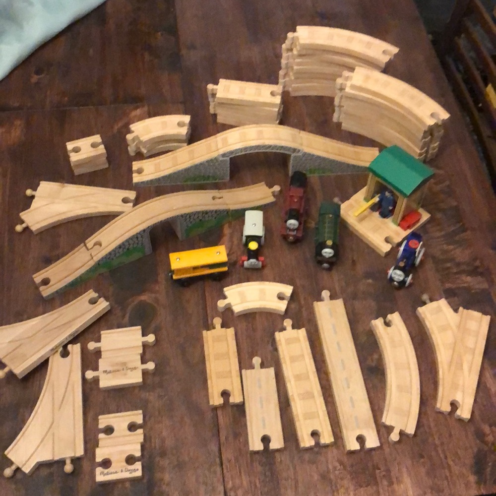 55 pc wooden track railroad, engines and shed set